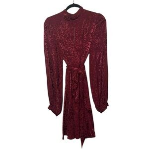 Anthropologie nwt red burgundy cheetah satin silk like M long sleeve high neck